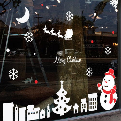 그래픽스티커,tj055-마을에찾아온겨울_크리스마스스티커,눈사람,산타,루돌프,눈꽃송이,눈,겨울,달,건물,마을,트리,나무,인테리어,데코